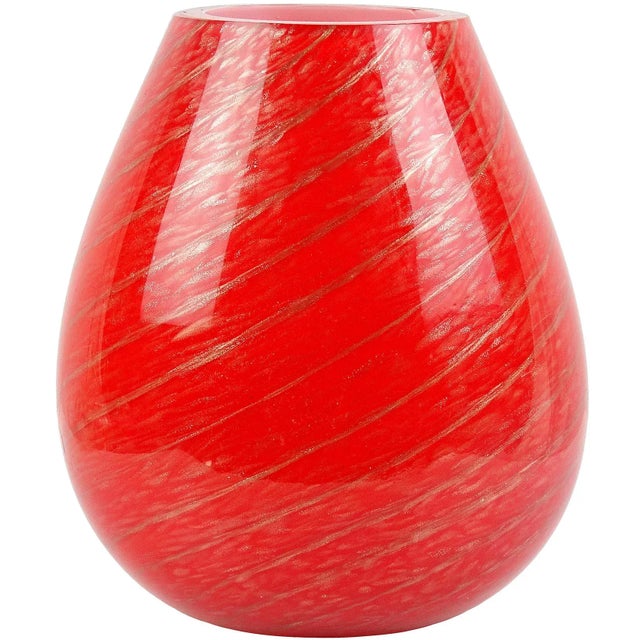Vintage Fratelli Toso Murano Red Aventurine Candy Cane Italian Art Glass Mid Century Flower Vase For Sale In Orlando - Image 6 of 6