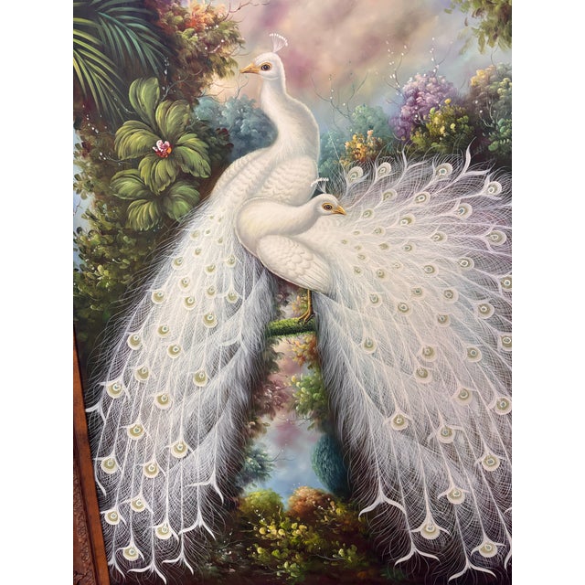 Early 20th Century Large White Peacock Garden Oil Painting in Antique Ornate Gilt Florentine-Style Frame For Sale - Image 5 of 12