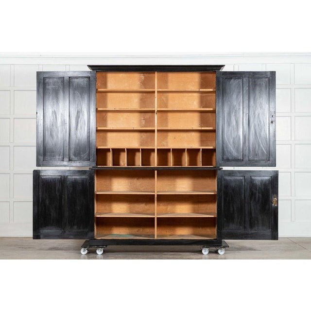 Circa 1890 large 19thc ebonised english ash linen cupboard together w164 x d52 x h214 cm base w156.5 x d52 x h91 cm base...