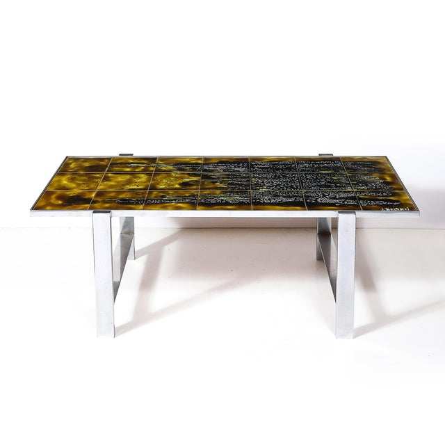 Mid-Century Ceramic Tile & Polished Aluminum Coffee Table by Juliette Belarti For Sale - Image 11 of 16