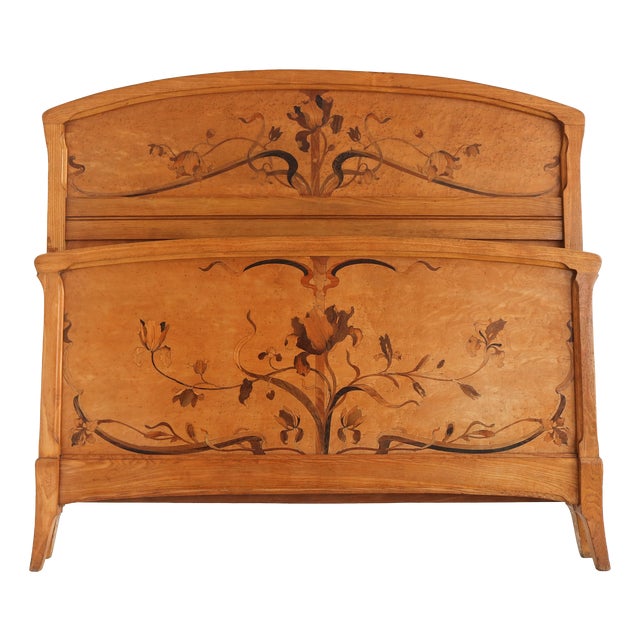 Antique Art Nouveau Bed with Inlaid Marquetry Decorative Floral Design, 1890s For Sale