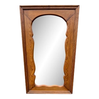 Antique Full Length Beveled Glass in Scalloped Aged Oak Frame For Sale