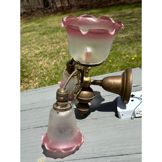 Vintage 3 Light Brass Wall Sconce With Vianne Gas/Electric Shades For Sale In New York - Image 6 of 12