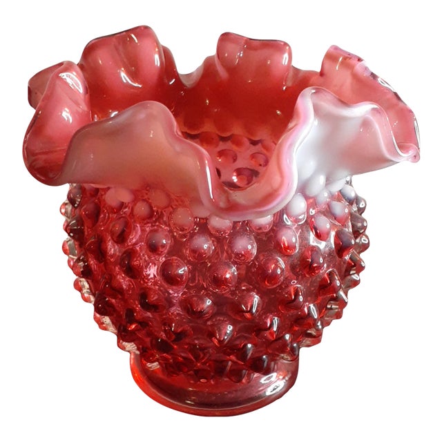 1950s Fenton Cranberry Hobnail Opalescent Ruffled Rose Bowl For Sale