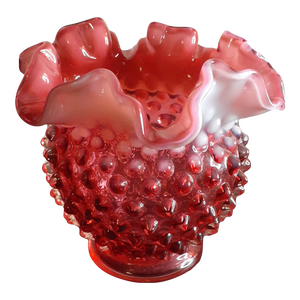 1950s Fenton Cranberry Hobnail Opalescent Ruffled Rose Bowl
