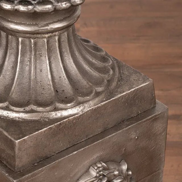 Pair, Mid 20th Century Cast Iron Planting Urns Resting on Square Plinth For Sale - Image 12 of 13