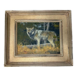 Original Oil Painting Grey Wolf — Signed Wildlife Art — Neutral Framed Cabin / Lodge Decor For Sale