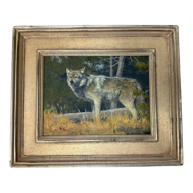 Original Oil Painting Grey Wolf — Signed Wildlife Art — Neutral Framed Cabin / Lodge Decor For Sale
