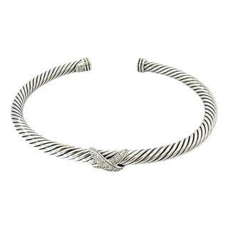 1990s David Yurman Diamond X Cuff Bracelet Size M Silver 4 mm Estate For Sale