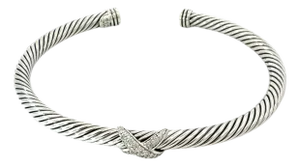 1990s David Yurman Diamond X Cuff Bracelet Size M Silver 4 mm Estate