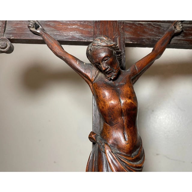 Antique 1700's Hand Carved Wood Religious Jesus Christ Crucifix Cross Sculpture For Sale - Image 9 of 15