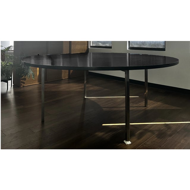 Black Stained Oak and Steel Table 78”D x 30”H. Great condition, some marks but can be removed with cleaning. Item is...