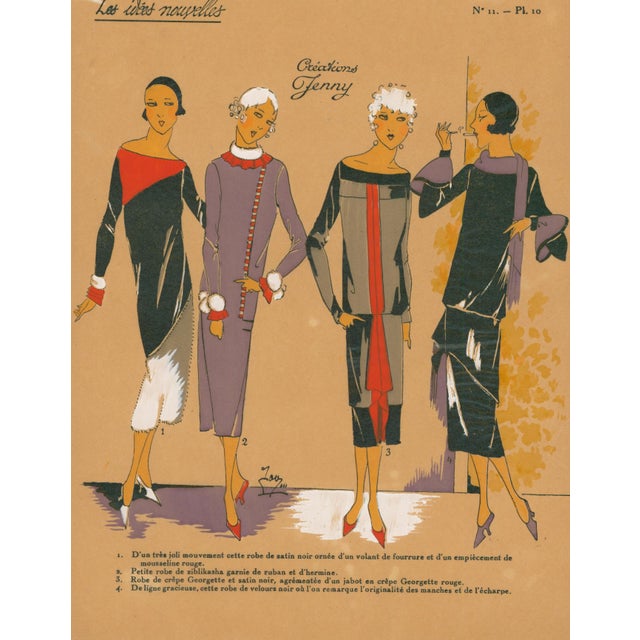 French Art Deco Pochoir Fashion Plate – Four Women’s Ensembles-1920's For Sale