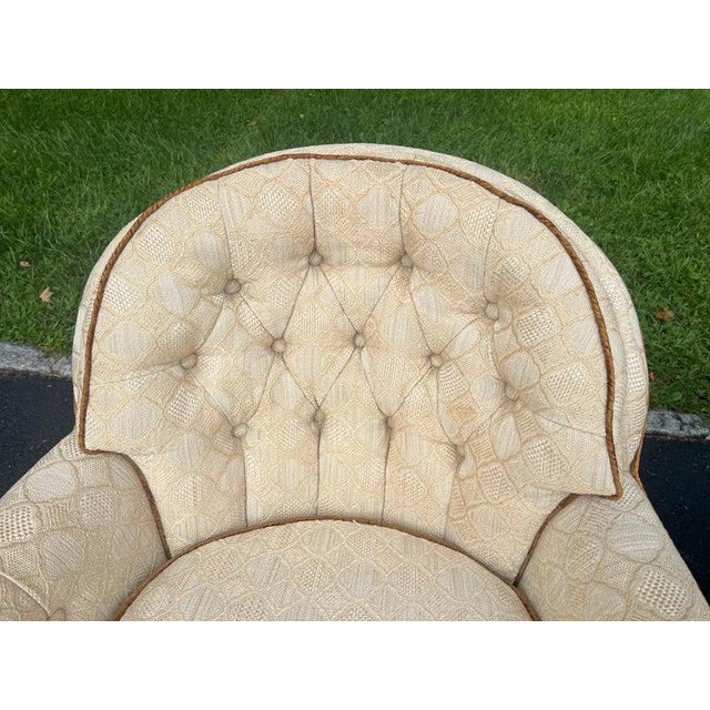 Pair of Tufted Button Back Swivel Chairs in a Cream Color With Brown Piping For Sale - Image 13 of 18