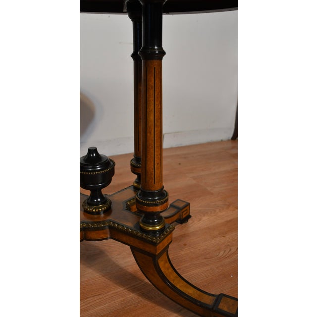 19th Antique Victorian Oval Center Table With Burl Wood Walnut Top & Ebonized Accents For Sale - Image 9 of 16