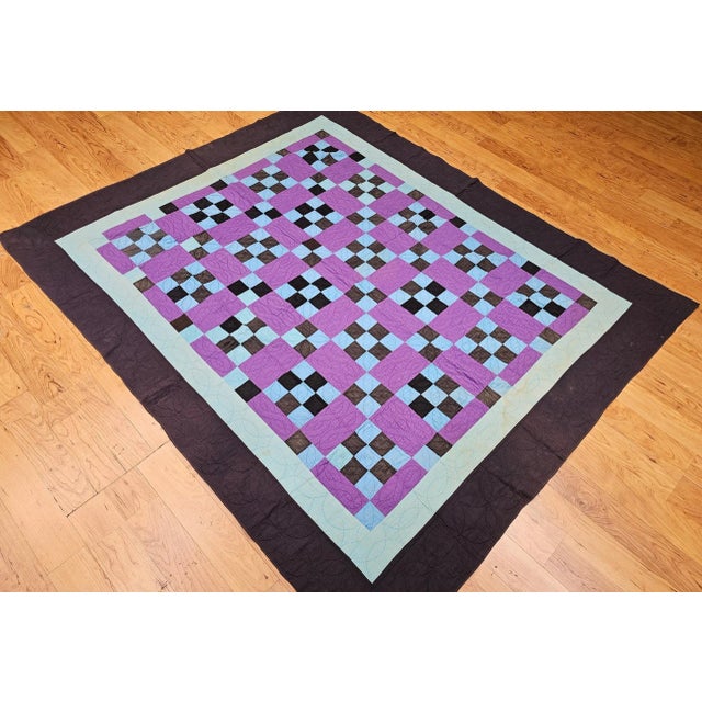 Textile Vintage American Amish “Nine Patch” Hand-Stitched Patchwork Quilt, 67" X 80" For Sale - Image 7 of 12