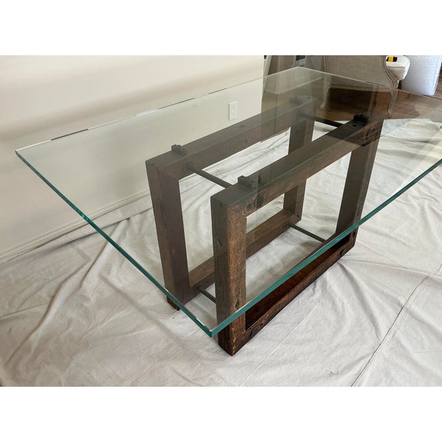 Wood Modern Glass Top Dining Table With Rustic Solid Wood Base – Rh Style For Sale - Image 7 of 14