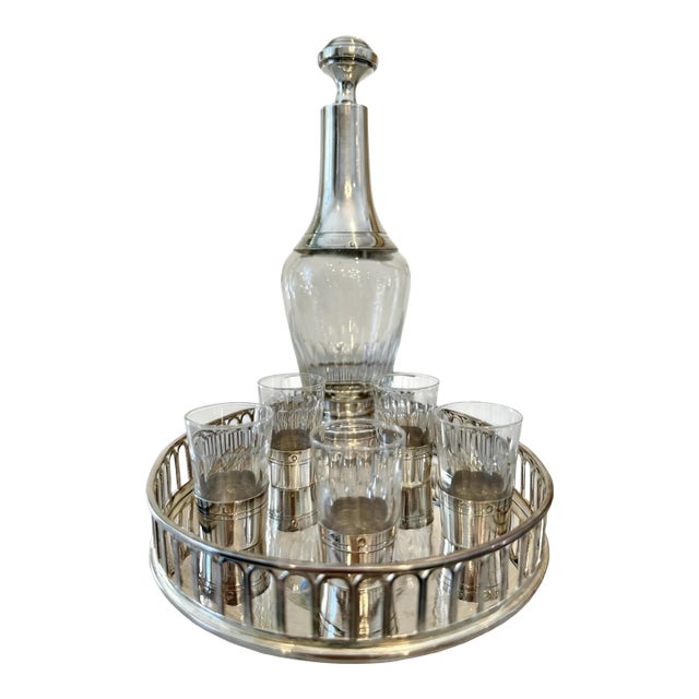 Antique French Sterling Apertif Set With Silver Plate Gallery Tray, 7pc Set For Sale