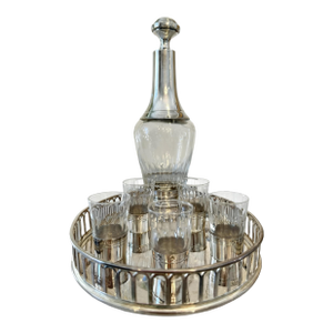 Antique French Sterling Apertif Set With Silver Plate Gallery Tray, 7pc Set