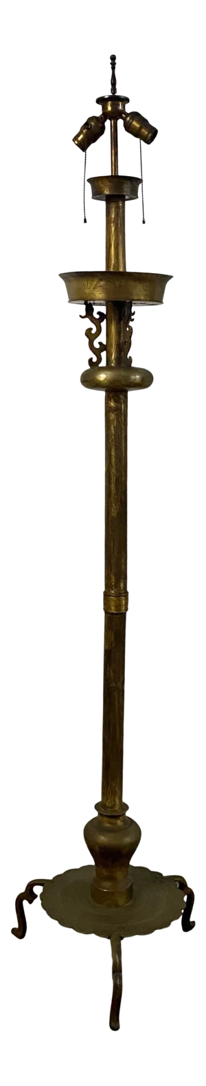 Asian Motif Etched Brass Free Standing Floor Lamp C.1920