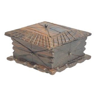Mid 20th Century American Folk Tramp Art Carved Wood Box With Geometric Lid For Sale