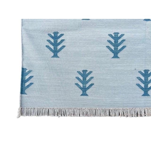 Not Yet Made - Made To Order Handmade Cotton Area Rug Natural Vegetable Dyed Flat Weave Gray and Teal Blue Tree Pattern Dhurrie - 4'x6' For Sale - Image 9 of 10
