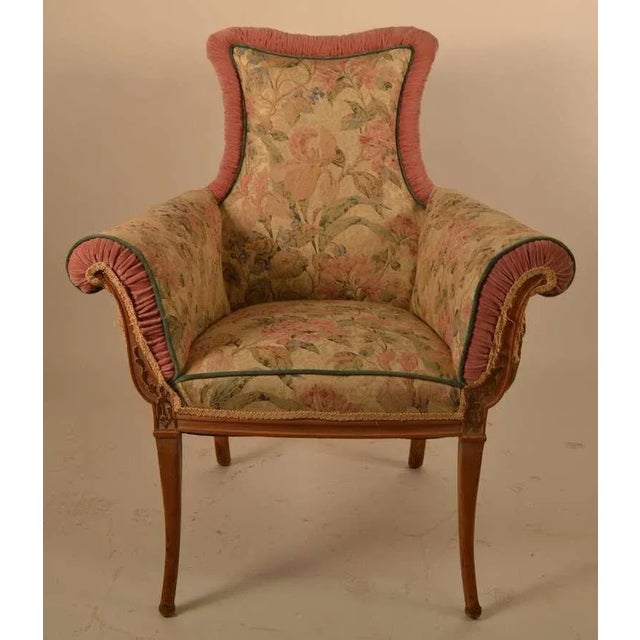 Pair of stylish occasional chairs, carved wood frames, with upholstered seat, arms and back Will need to be reupholstered.