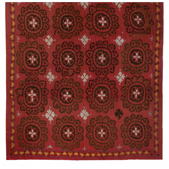 Contemporary 6.5x12.3 Ft Central Asian Suzani Textile. Embroidered Cotton & Silk Bed Cover For Sale - Image 3 of 5
