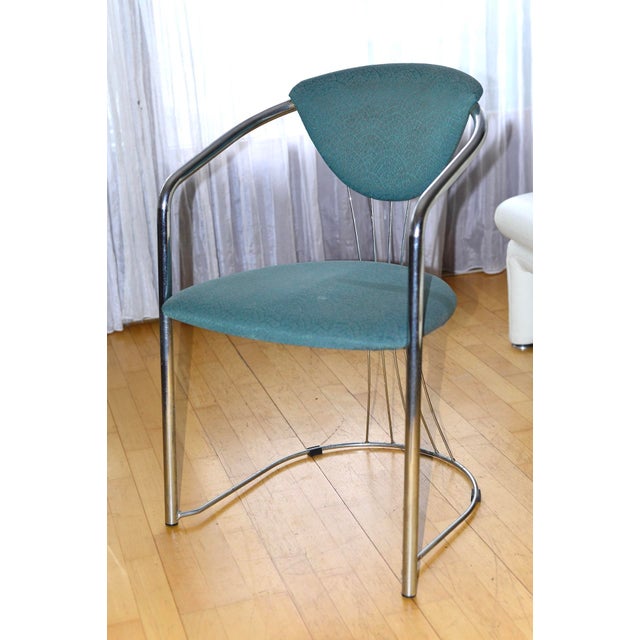 3 elegant, delicate dining chairs in chrome and green fabric used, good condition Italian design by Effezeta good seating...
