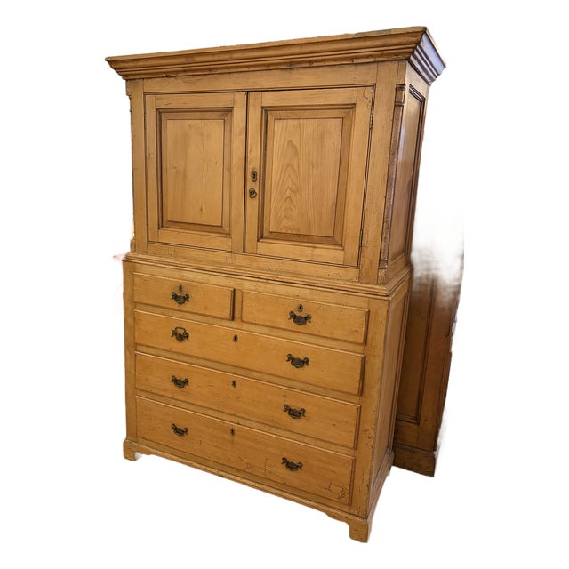 Antique English Pine Linen Press W/5 Graduated Drawers For Sale