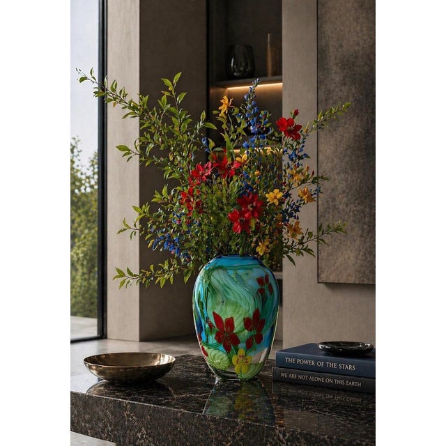 Aquamarine Murano Glass Vase with Star-Shaped Florals by Berit Johansson, 1980s For Sale - Image 17 of 18