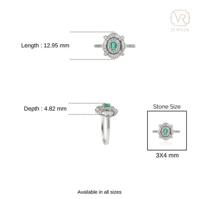 Art Deco Emerald & Baguette Diamonds Target Halo Ring in 14k White Gold Size 4 For Sale - Image 12 of 16