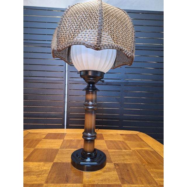 Coffee Vintage 70's Tropical Bamboo Lamp With Wicker Shade For Sale - Image 8 of 8