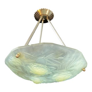 Signed Roba Paris Art Deco French Etched Glass Ceiling Light, C. 1930's For Sale