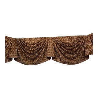 2002 Custom Swag & Jabot Valance for Bay Window – Classic Patterned Fabric in Warm Earth Tones For Sale