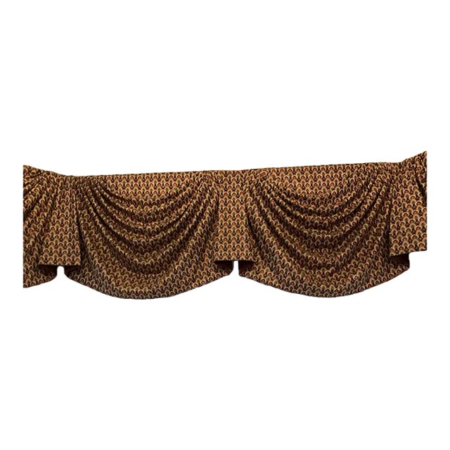 2002 Custom Swag & Jabot Valance for Bay Window – Classic Patterned Fabric in Warm Earth Tones For Sale