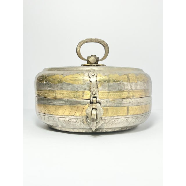 Vintage Silver & Brass Tone Engraved Handmade Round Chapati Bread Box 8 3/4” Good vintage condition. Hinge works and clasp...