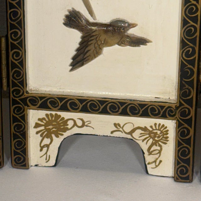 Off-white Vintage Chinoiserie Tabletop Four Panel Screen For Sale - Image 8 of 12