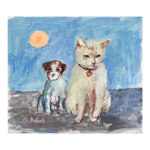 Late 20th Century Cat and Puppy Painting