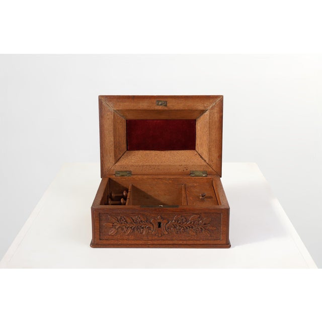 Antique French Sculpted Sewing Box in Oak, 1890s For Sale - Image 4 of 14