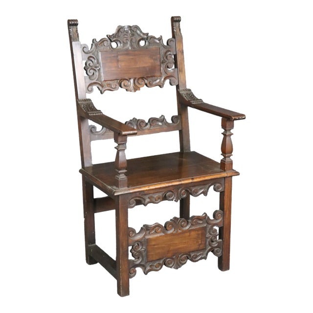 Fine Quality Antique Carved Walnut Spanish Colonial Throne Armchair For Sale