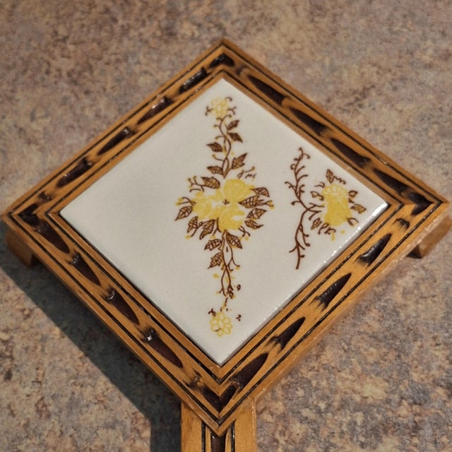 Wood Circa 1970s Orion Monterrey Mexico Ceramic Wood Handled Floral Design Trivet For Sale - Image 7 of 11