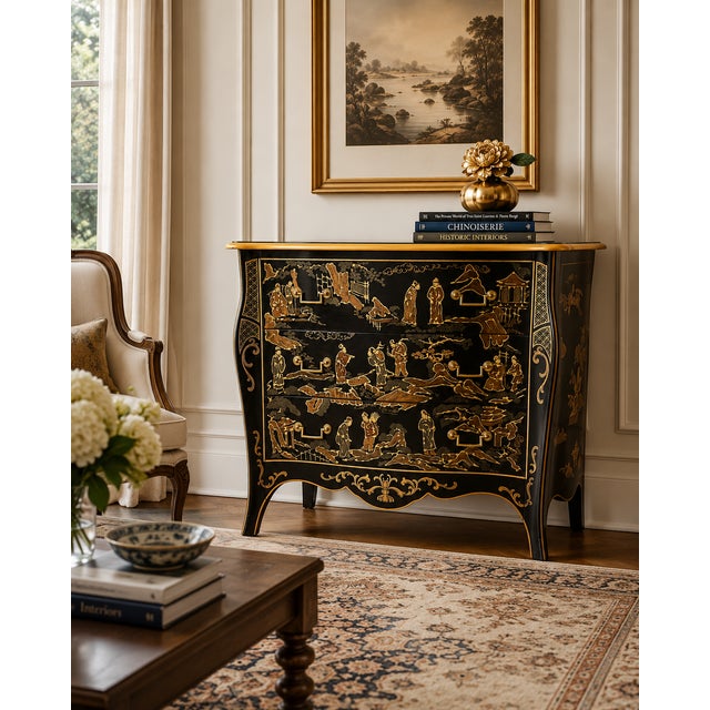 An elegant vintage chinoiserie chest of drawers by Drexel from the highly sought-after Et Cetera collection. This...