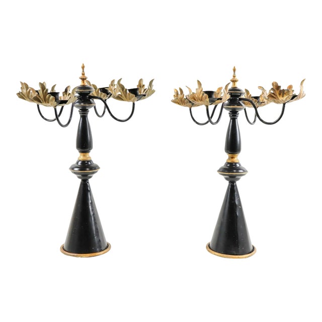 Late 20th Century Black and Gold Toleware Candelabras - a Pair For Sale