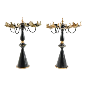 Late 20th Century Black and Gold Toleware Candelabras - a Pair