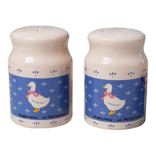 Vintage 1987 Happiness Is Homemade Goose Bow Salt Pepper Shakers Set Blue White For Sale