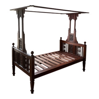 Antique Anglo-Indian Carved Hardwood Canopy Bed Indo-Colonial Four Poster For Sale