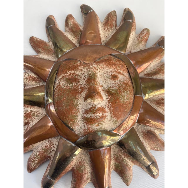 1970s Vintage Celestial Brass, Copper & Pottery Sun Face Wall Hanging For Sale - Image 5 of 7