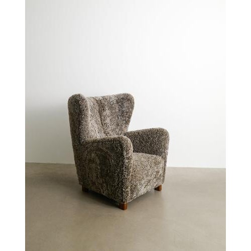 Danish Mid-Century High Wingback Armchair in Sheepskin from Fritz Hansen Denmark, 1940s For Sale - Image 6 of 7