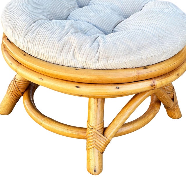 1950s 1950s Restored Mid-Century Rattan Round Ottoman W/ Tufted Cushion For Sale - Image 5 of 5